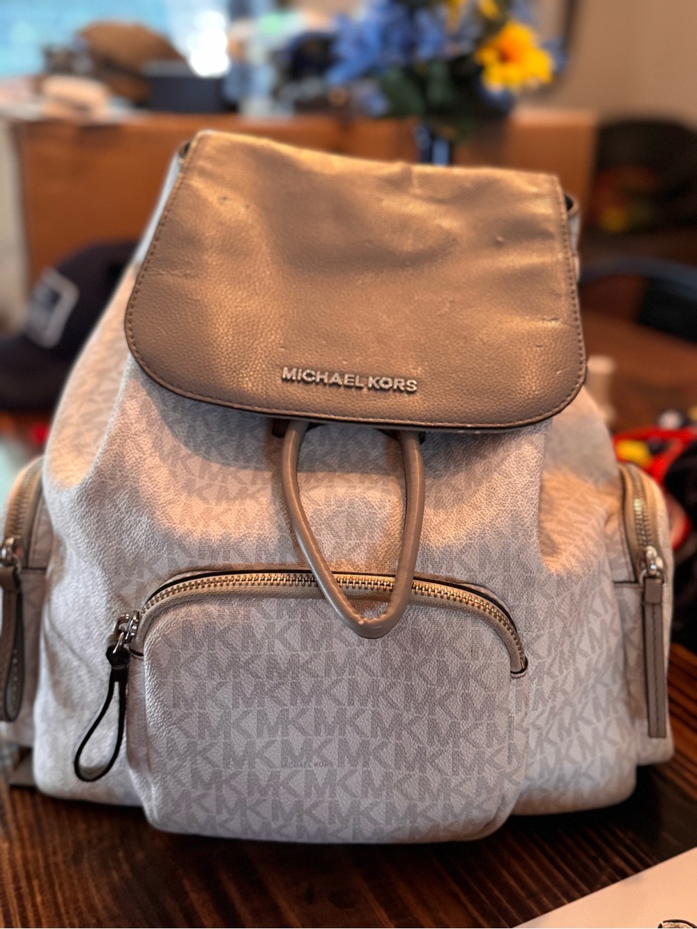 Michael Kors Light Gray MK Logo Backpack with Dark Gray Flap